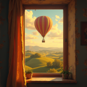 Retro — Whimsical Hot-air Balloon Drifting Over Rolling Illustration Styles #0289 (Gemini)