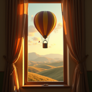 Retro — Whimsical Hot-air Balloon Drifting Over Rolling Illustration Styles #0325 (Gemini)