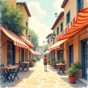 Risograph — Charming Market Street Lined With Striped Illustration Styles #0059 (Stable Diffusion)