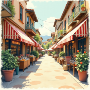 Risograph — Charming Market Street Lined With Striped Illustration Styles #0065 (Recraft)