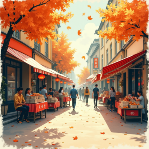 Risograph — Charming Market Street Lined With Striped Illustration Styles #0083 (Stable Diffusion)