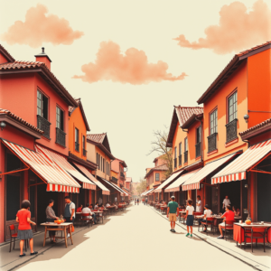Risograph — Charming Market Street Lined With Striped Illustration Styles #0089 (Recraft)