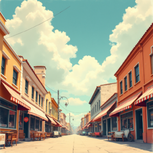 Risograph — Charming Market Street Lined With Striped Illustration Styles #0107 (Stable Diffusion)