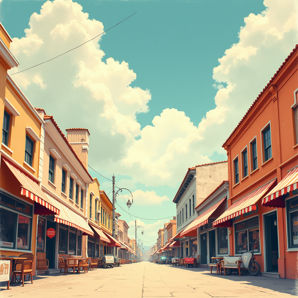 Risograph — Charming Market Street Lined With Striped Illustration Styles #0107 (Stable Diffusion)