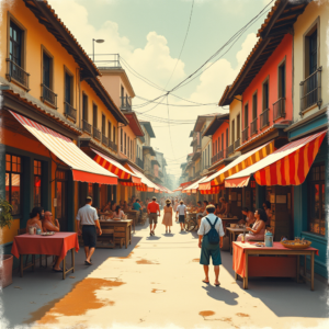 Risograph — Charming Market Street Lined With Striped Illustration Styles #0113 (Recraft)