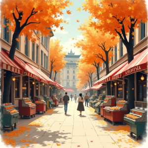 Risograph — Charming Market Street Lined With Striped Illustration Styles #0119 (Stable Diffusion)