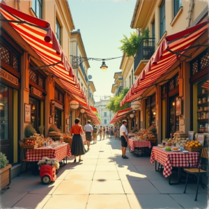 Risograph — Charming Market Street Lined With Striped Illustration Styles #0185 (Recraft)