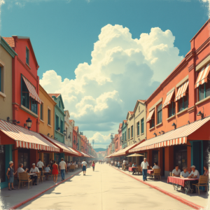 Risograph — Charming Market Street Lined With Striped Illustration Styles #0215 (Stable Diffusion)