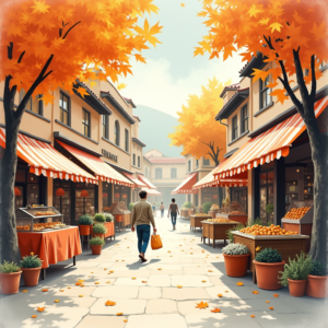 Risograph — Charming Market Street Lined With Striped Illustration Styles #0226 (Midjourney)