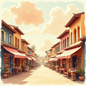 Risograph — Charming Market Street Lined With Striped Illustration Styles #0232 (Firefly)