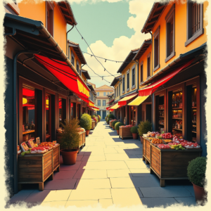 Risograph — Charming Market Street Lined With Striped Illustration Styles #0256 (Firefly)