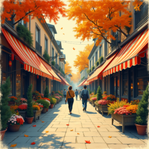 Risograph — Charming Market Street Lined With Striped Illustration Styles #0262 (Midjourney)