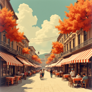 Risograph — Charming Market Street Lined With Striped Illustration Styles #0268 (Firefly)