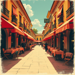 Risograph — Charming Market Street Lined With Striped Illustration Styles #0274 (Midjourney)