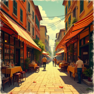 Risograph — Charming Market Street Lined With Striped Illustration Styles #0292 (Firefly)