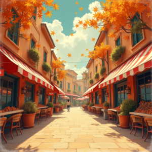 Risograph — Charming Market Street Lined With Striped Illustration Styles #0298 (Midjourney)