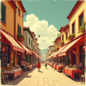 Risograph — Charming Market Street Lined With Striped Illustration Styles #0304 (Firefly)