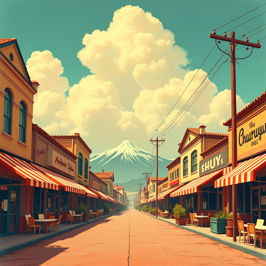 Risograph — Charming Market Street Lined With Striped Illustration Styles #0322 (Midjourney)