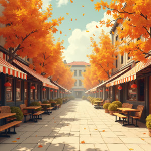Risograph — Charming Market Street Lined With Striped Illustration Styles #0334 (Midjourney)