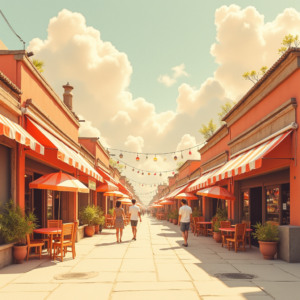 Risograph — Charming Market Street Lined With Striped Illustration Styles #0340 (Firefly)