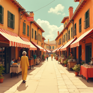 Risograph — Charming Market Street Lined With Striped Illustration Styles #0346 (Midjourney)