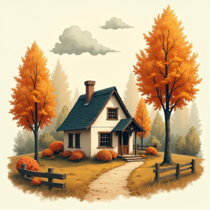 Risograph — Cozy Countryside Cottage Nestled Among Tall Illustration Styles #0013 (Krea)