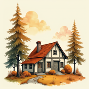 Risograph — Cozy Countryside Cottage Nestled Among Tall Illustration Styles #0049 (Krea)
