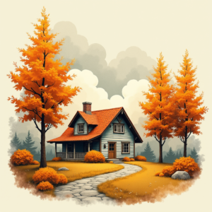 Risograph — Cozy Countryside Cottage Nestled Among Tall Illustration Styles #0085 (Krea)