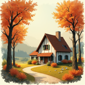Risograph — Cozy Countryside Cottage Nestled Among Tall Illustration Styles #0133 (Krea)
