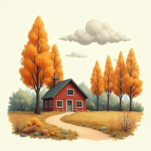 Risograph — Cozy Countryside Cottage Nestled Among Tall Illustration Styles #0157 (Krea)