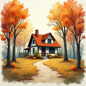 Risograph — Cozy Countryside Cottage Nestled Among Tall Illustration Styles #0169 (Krea)