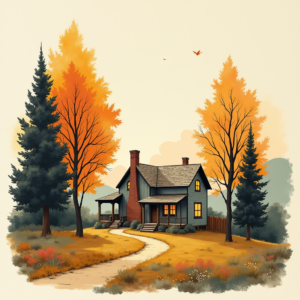 Risograph — Cozy Countryside Cottage Nestled Among Tall Illustration Styles #0175 (Leonardo)