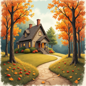 Risograph — Cozy Countryside Cottage Nestled Among Tall Illustration Styles #0199 (Leonardo)