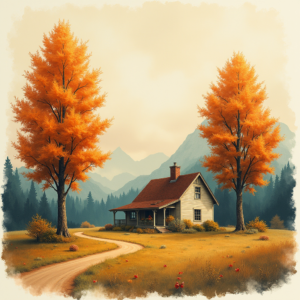 Risograph — Cozy Countryside Cottage Nestled Among Tall Illustration Styles #0211 (Leonardo)