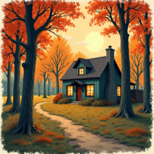 Risograph — Cozy Countryside Cottage Nestled Among Tall Illustration Styles #0252 (FLUX)