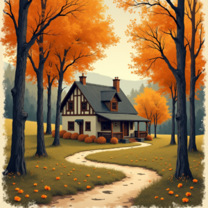 Risograph — Cozy Countryside Cottage Nestled Among Tall Illustration Styles #0270 (Ideogram)