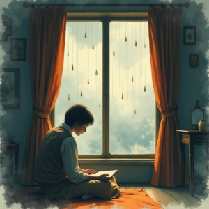 Risograph — Nostalgic Figure Reading By A Rain-streaked Illustration Styles #0032 (Seedream)