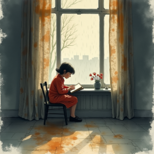Risograph — Nostalgic Figure Reading By A Rain-streaked Illustration Styles #0056 (Seedream)