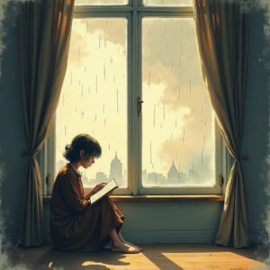 Risograph — Nostalgic Figure Reading By A Rain-streaked Illustration Styles #0068 (Seedream)