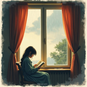 Risograph — Nostalgic Figure Reading By A Rain-streaked Illustration Styles #0104 (Seedream)