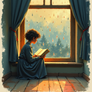 Risograph — Nostalgic Figure Reading By A Rain-streaked Illustration Styles #0128 (Seedream)
