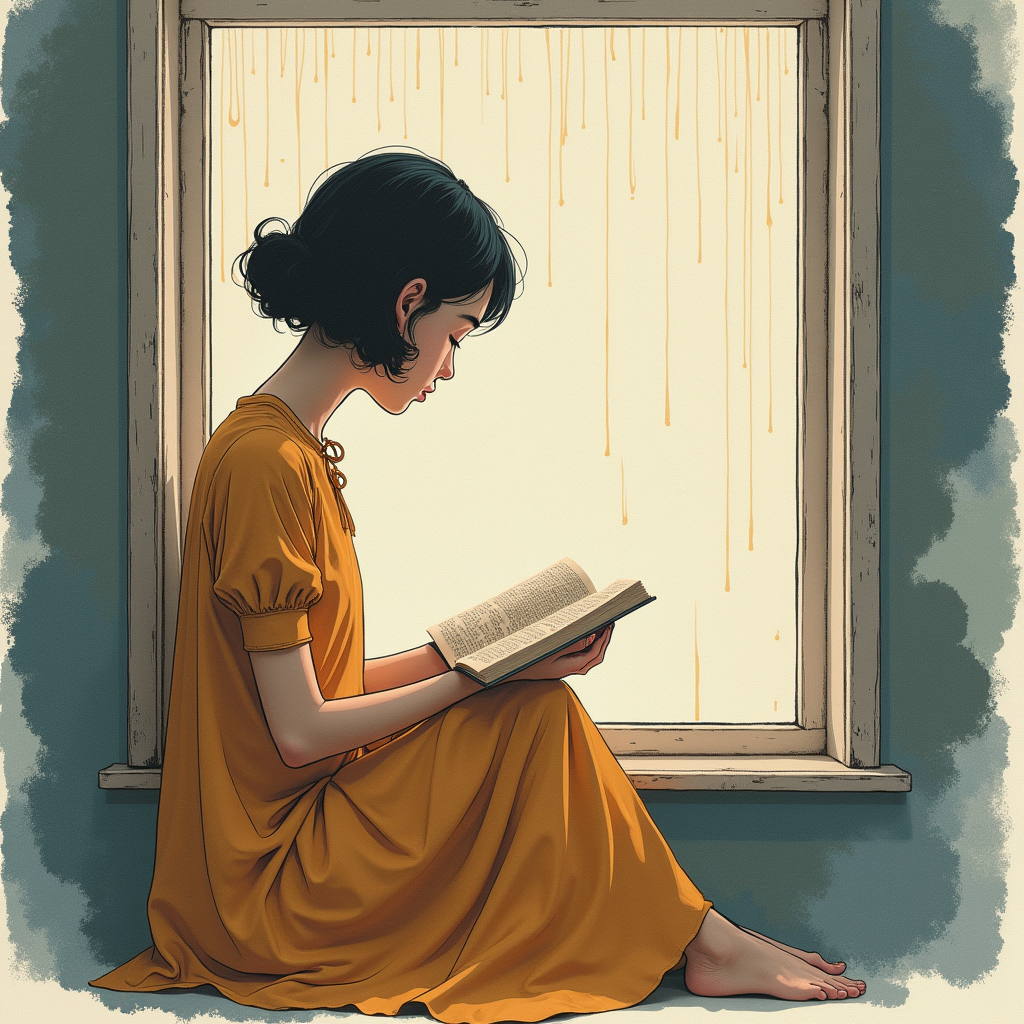 Risograph — Nostalgic Figure Reading By A Rain-streaked Illustration Styles #0158 (Gemini)