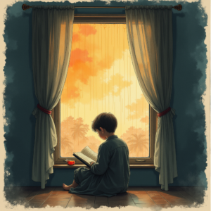 Risograph — Nostalgic Figure Reading By A Rain-streaked Illustration Styles #0247 (Leonardo)