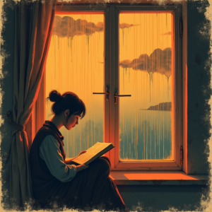 Risograph — Nostalgic Figure Reading By A Rain-streaked Illustration Styles #0265 (Krea)