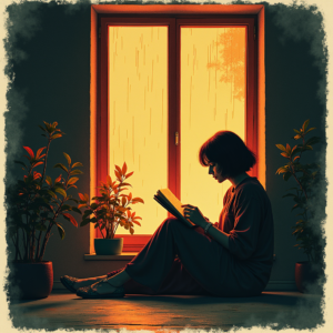 Risograph — Nostalgic Figure Reading By A Rain-streaked Illustration Styles #0277 (Krea)