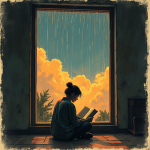 Risograph — Nostalgic Figure Reading By A Rain-streaked Illustration Styles #0283 (Leonardo)
