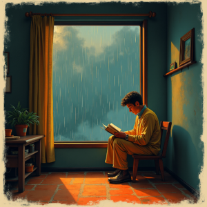 Risograph — Nostalgic Figure Reading By A Rain-streaked Illustration Styles #0307 (Leonardo)
