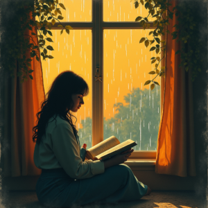 Risograph — Nostalgic Figure Reading By A Rain-streaked Illustration Styles #0313 (Krea)