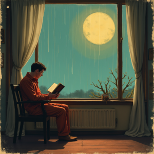 Risograph — Nostalgic Figure Reading By A Rain-streaked Illustration Styles #0319 (Leonardo)