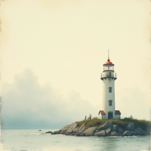 Risograph — Quiet Coastal Lighthouse Against A Soft Illustration Styles #0034 (Midjourney)